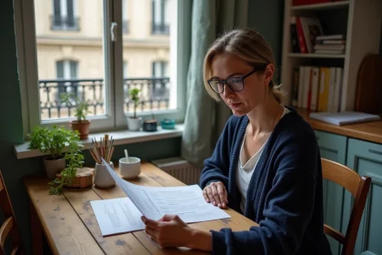Femme aux revenus modestes consultant des documents de demande de logement social dans un appartement parisien