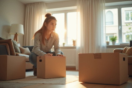 Jeune femme inquiète faisant ses cartons dans un appartement lumineux