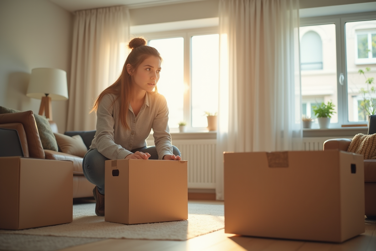 Jeune femme inquiète faisant ses cartons dans un appartement lumineux