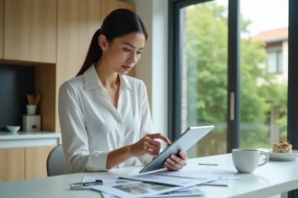 Jeune femme examinant des papiers dans une cuisine lumineuse