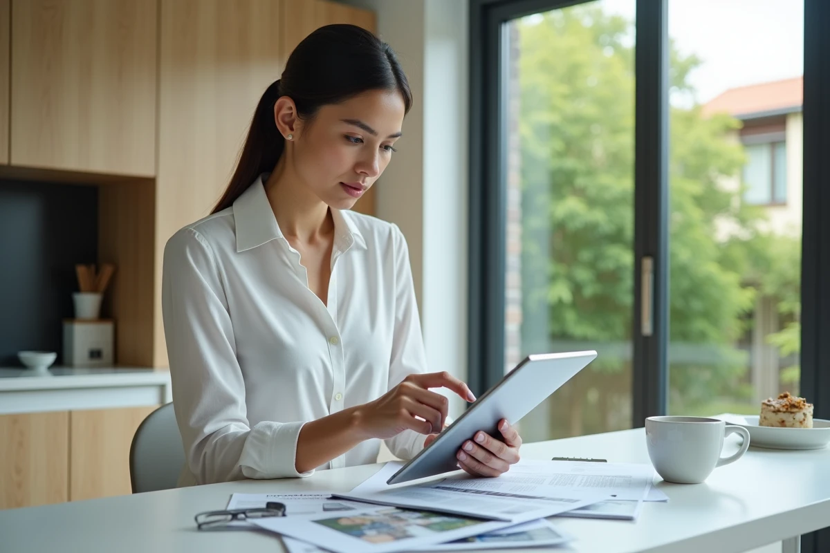 Jeune femme examinant des papiers dans une cuisine lumineuse