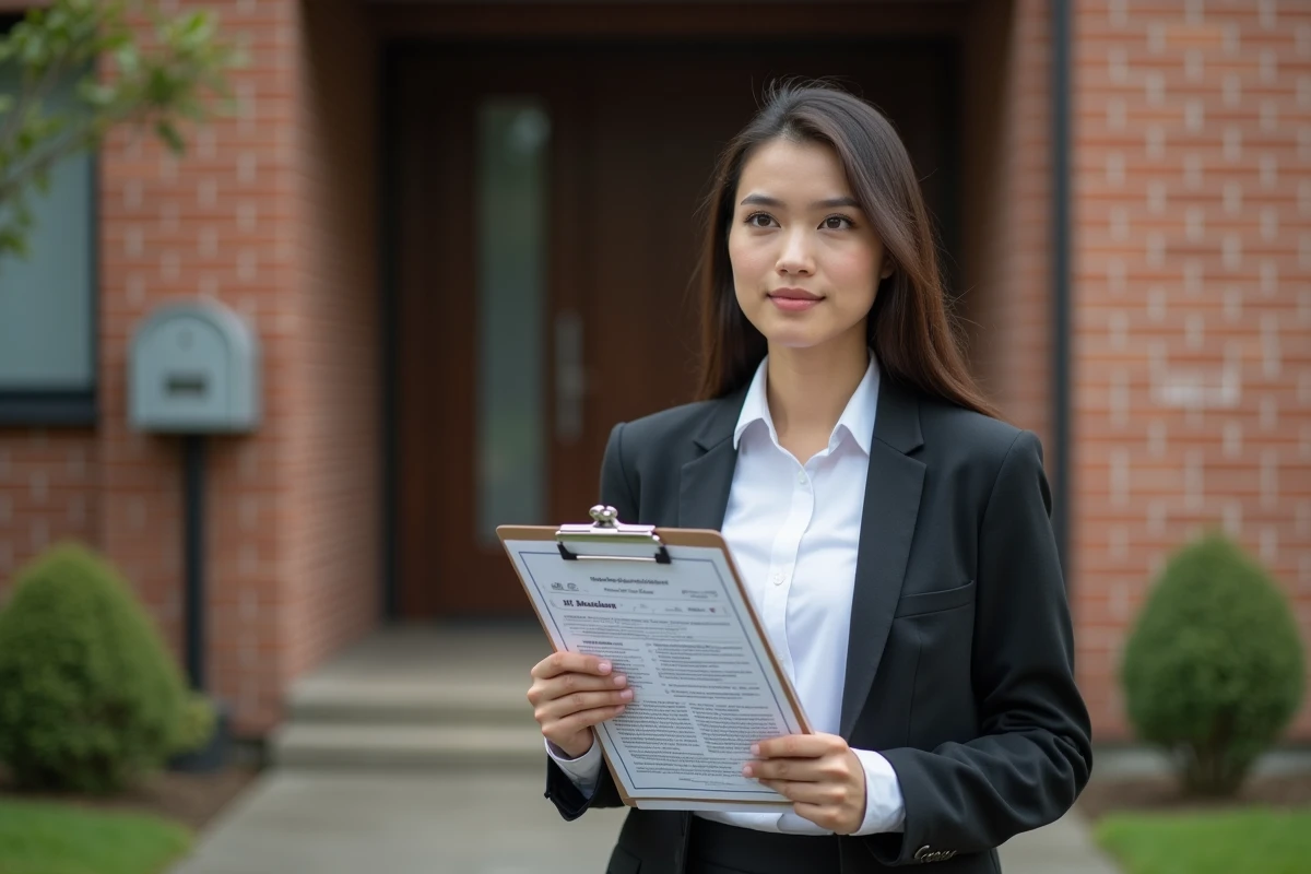 Jeune femme en extérieur tenant un dossier immobilier