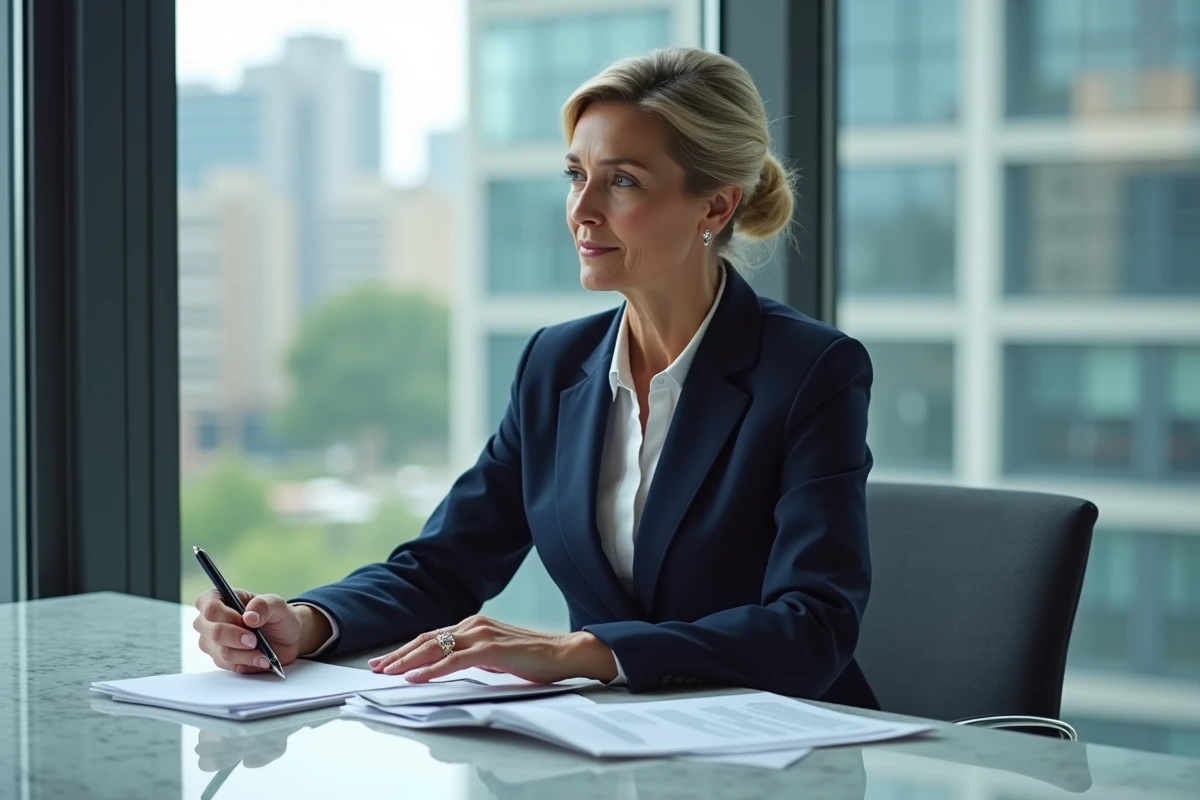 Femme d age moyenne en costume navy dans une agence immobiliere