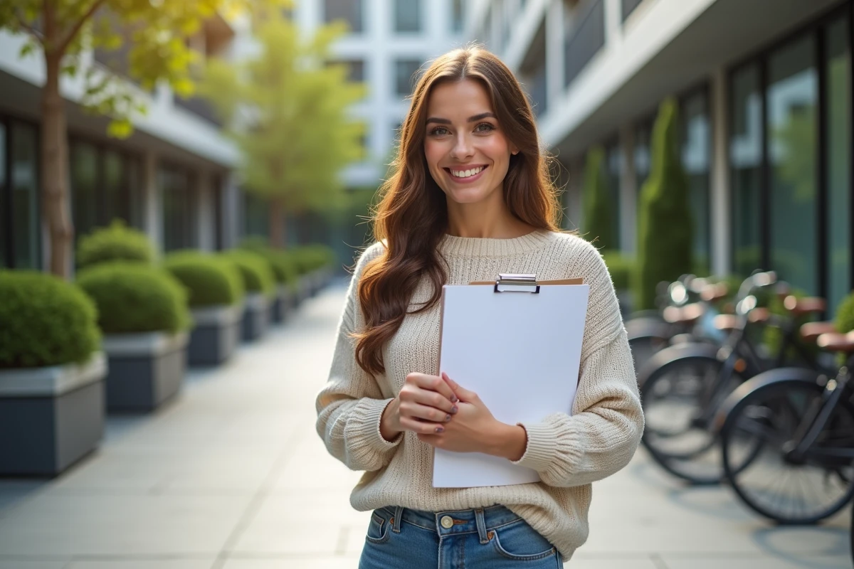 Femme souriante tenant un dossier immobilier devant un immeuble moderne