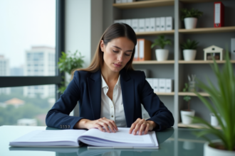 Femme professionnelle examinant des documents d'investissement immobilier