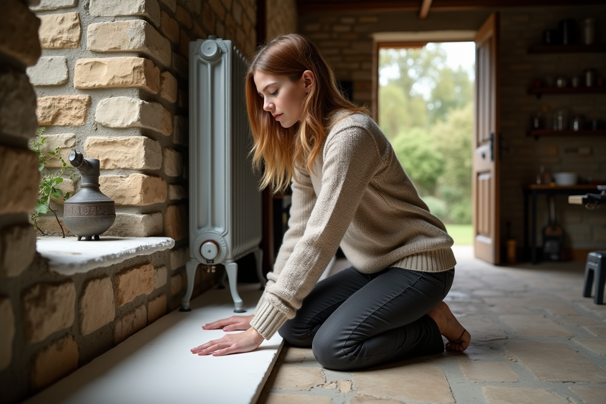 Femme isolant le bas de mur dans une vieille maison en pierre