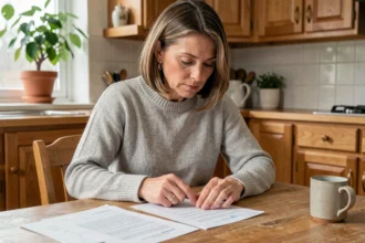 Femme lisant attentivement les avis et documents sur son assurance habitation à la table de cuisine