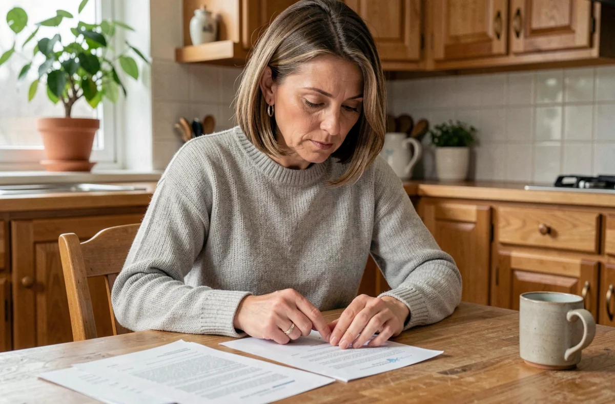 Femme lisant attentivement les avis et documents sur son assurance habitation à la table de cuisine