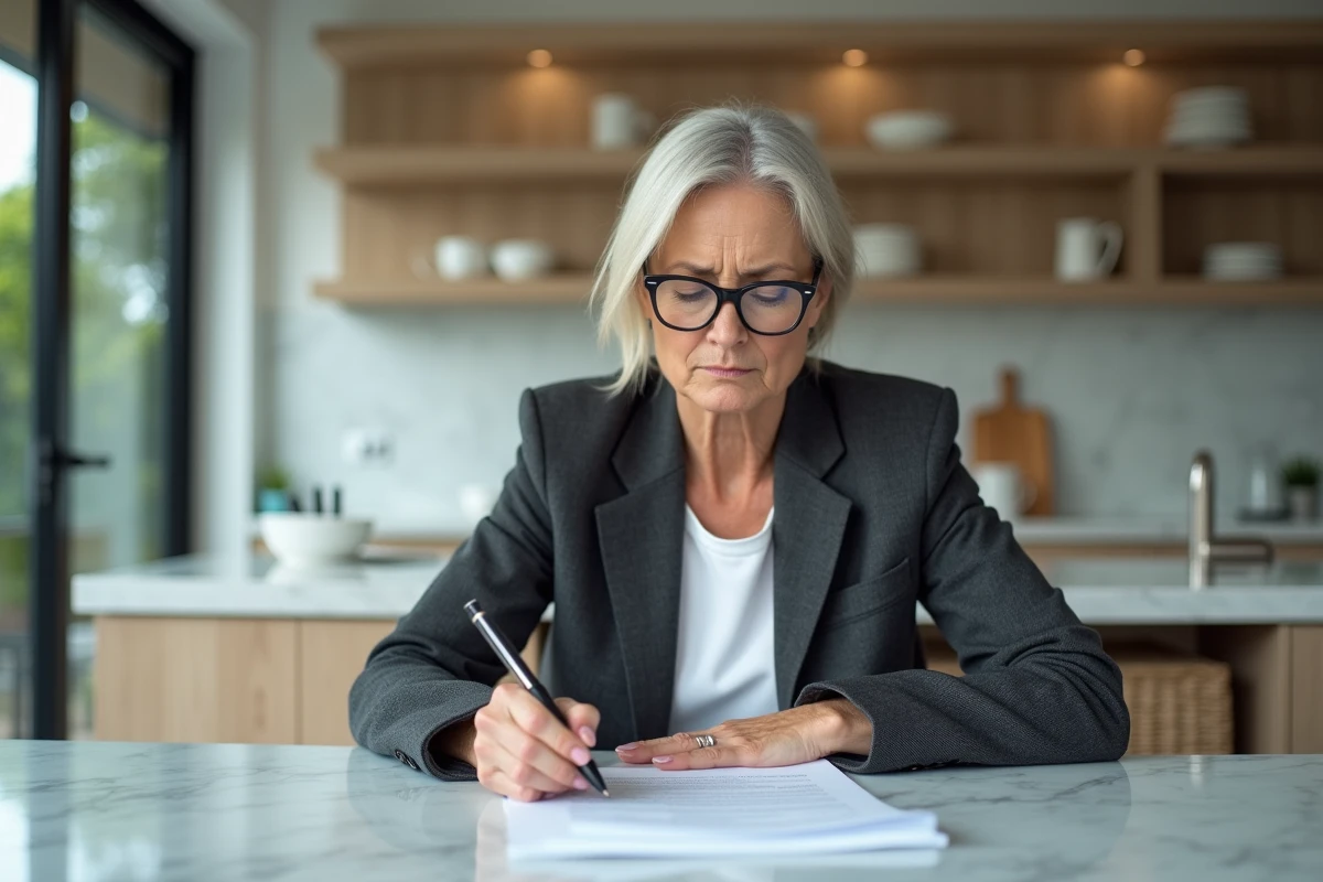 Femme lisant attentivement un acte de propriété démembré à son domicile, illustrant les risques méconnus du démembrement