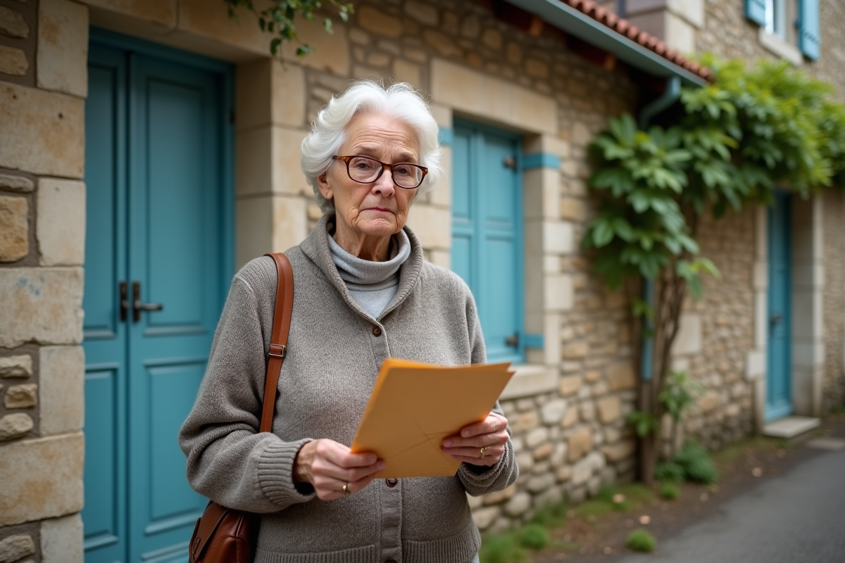 Femme âgée tenant un acte de propriété devant sa maison