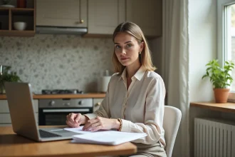 Femme concentrée lisant des documents immobiliers à la maison