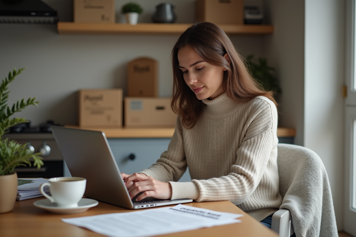 Femme utilisant un ordinateur pour remplir un formulaire de déménagement