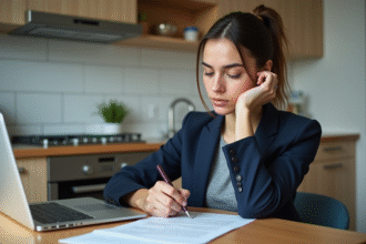 Jeune femme en blazer examine documents de location
