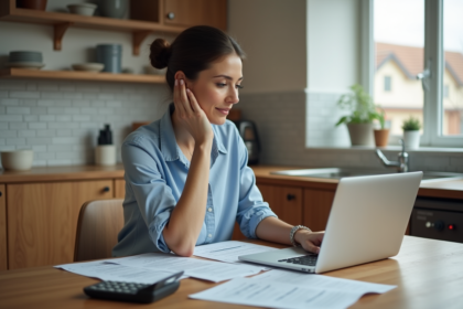 Femme organisée travaillant sur ses documents fiscaux à la maison