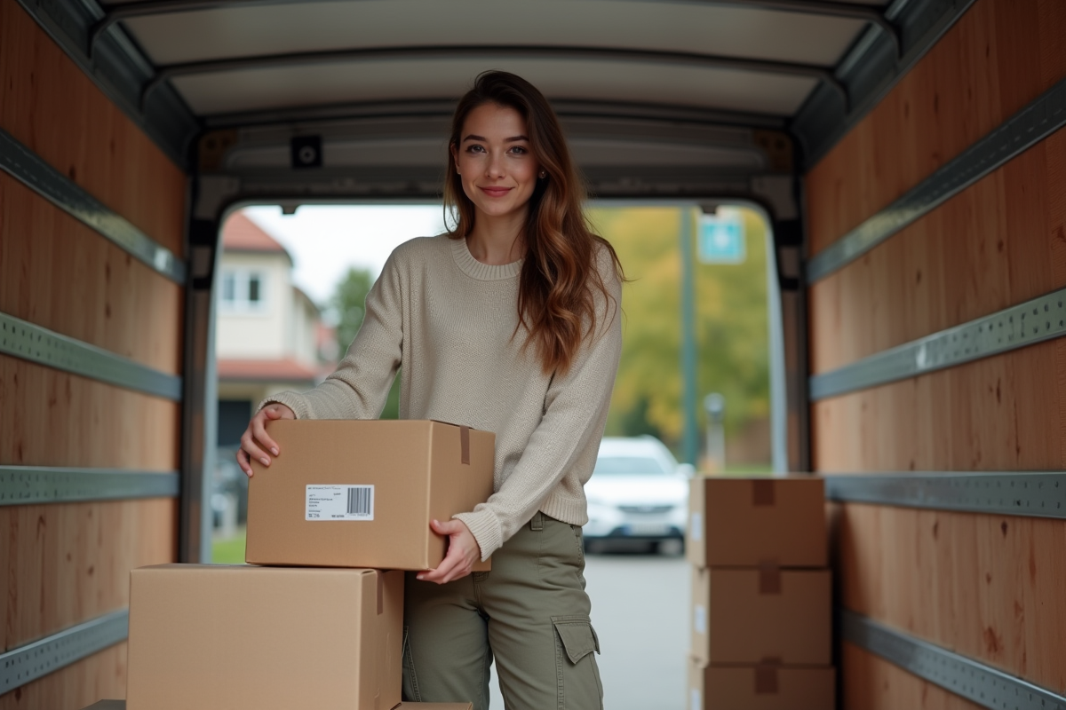Jeune femme arrangeant des cartons dans un camion de déménagement