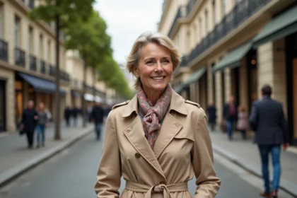 Femme élégante en trench beige dans Paris historique