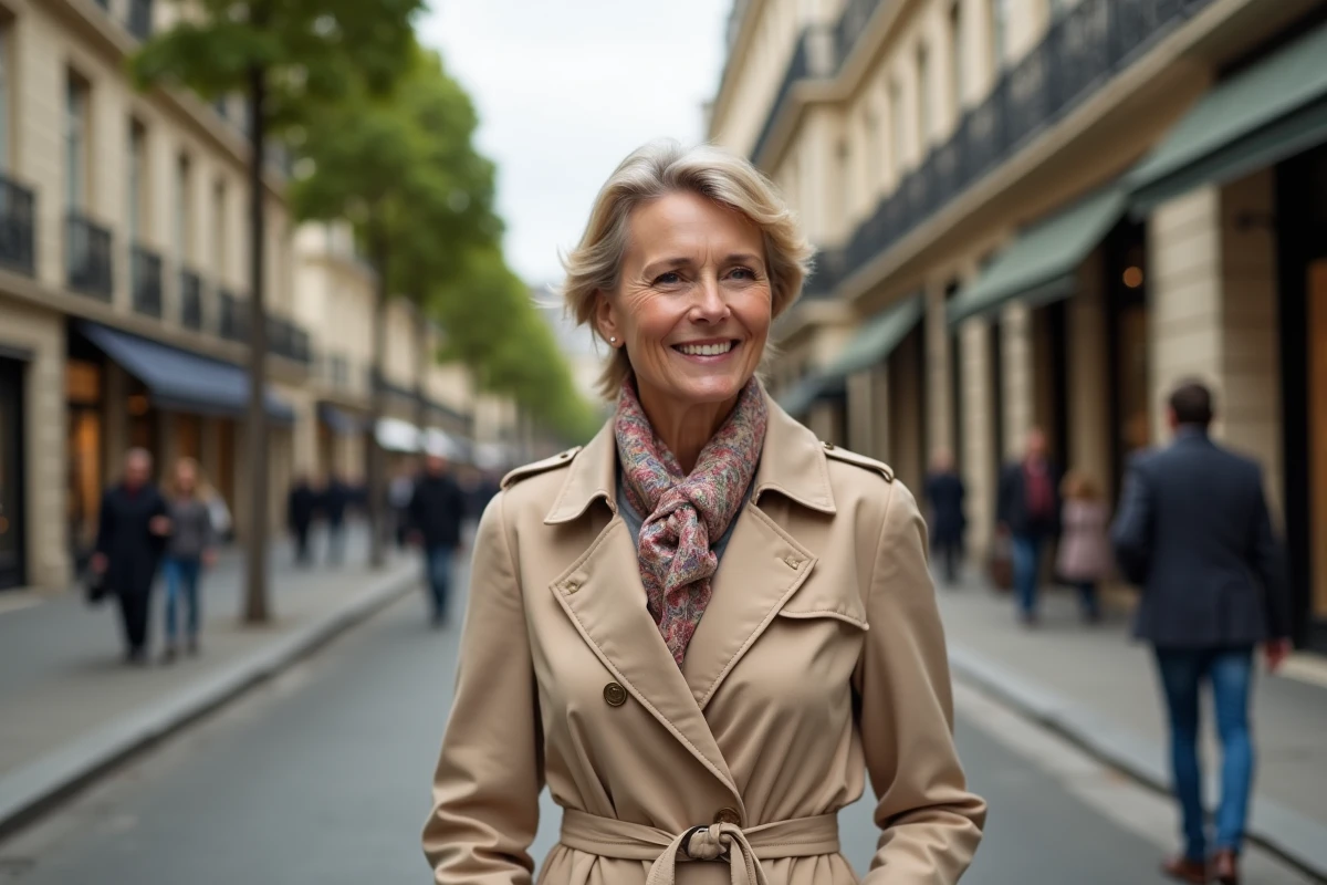Femme élégante en trench beige dans Paris historique