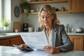 Femme en blazer examinant documents de prêt immobilier