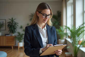 Femme professionnelle en blazer bleu dans un appartement moderne