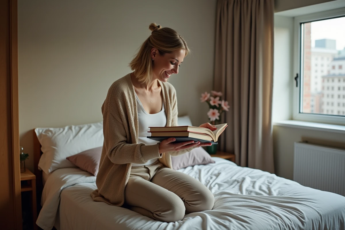 Femme arrangeant des livres dans une chambre cosy