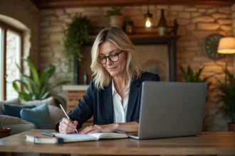 Femme d'affaires vérifiant réservations dans un gîte chaleureux