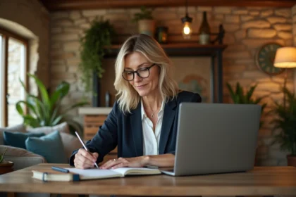 Femme d'affaires vérifiant réservations dans un gîte chaleureux