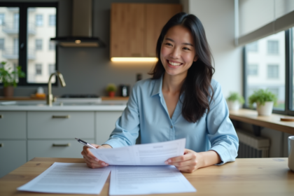 Femme souriante en blouse bleue révise des documents de prêt immobilier
