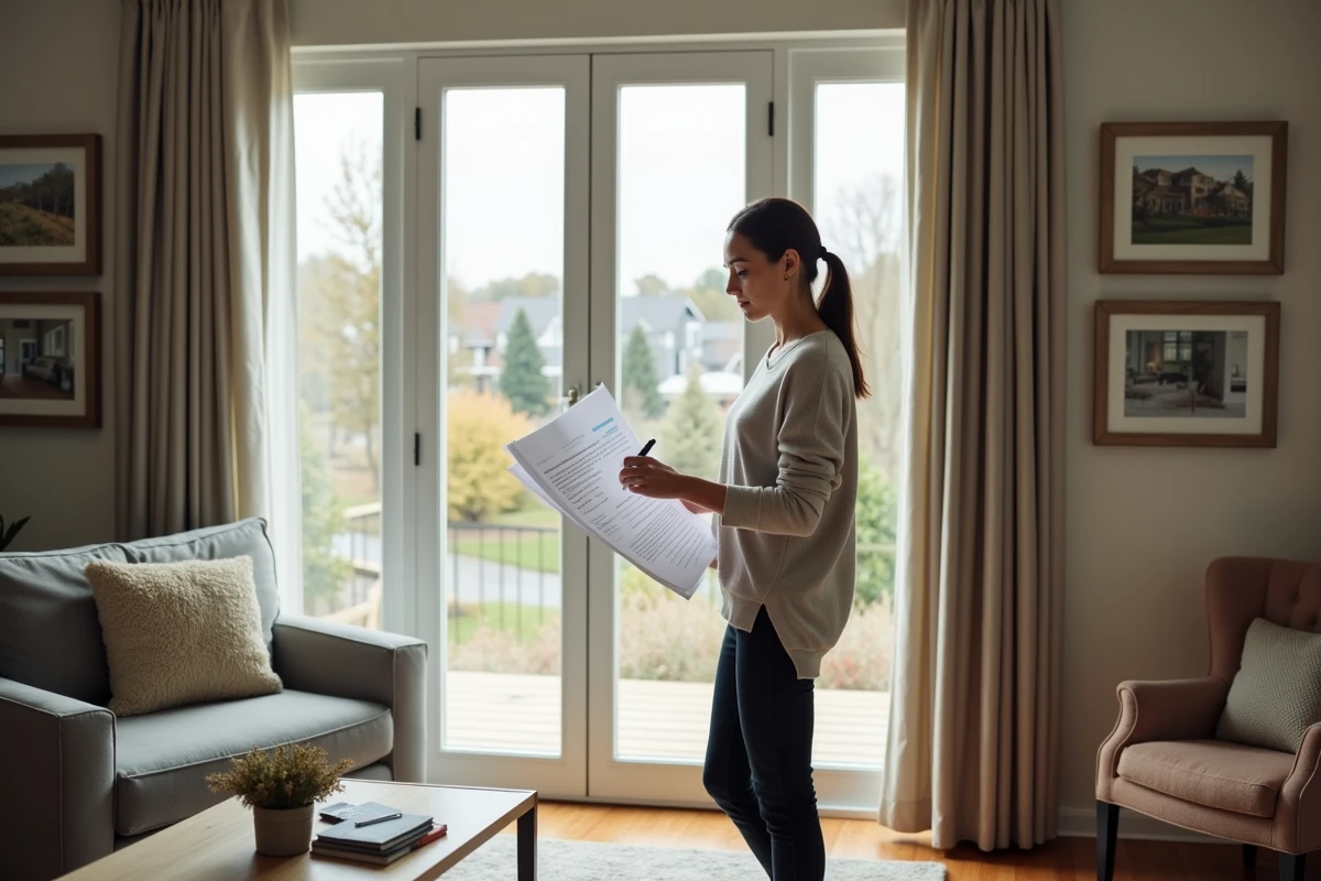 Femme regardant des documents immobiliers dans un salon lumineux