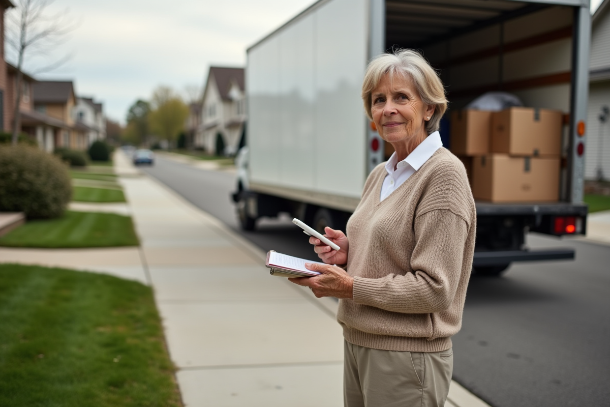 Femme senior regardant son smartphone devant un camion de déménagement