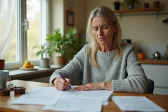 Femme inquiète consultant des documents de loyer et une lettre CAF à sa table de cuisine