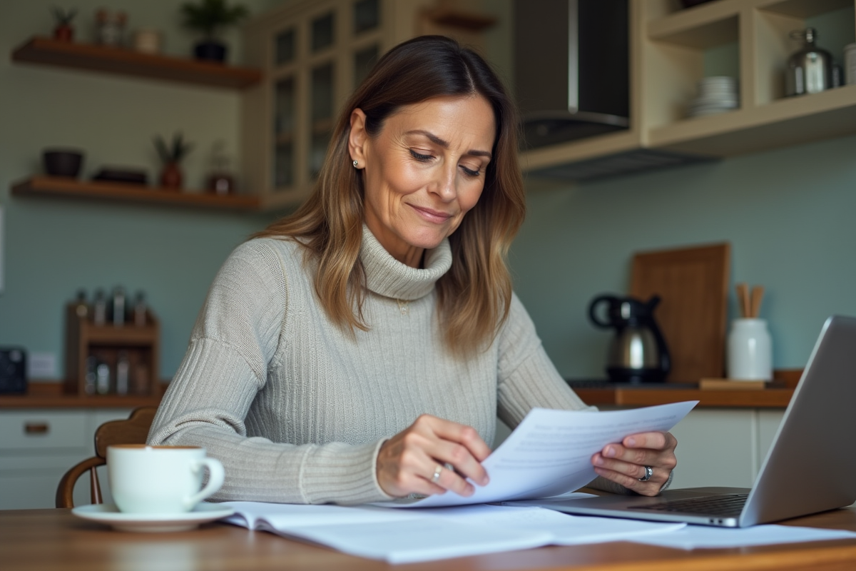 Femme d'âge moyen travaillant à la maison dans une cuisine moderne