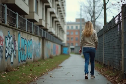 Femme en jeans dans un décor urbain avec graffitis et immeubles