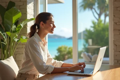 Femme au bureau dans une villa moderne à St Barthélemy