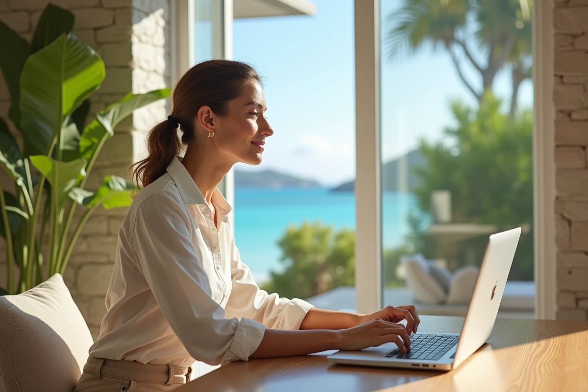 Femme au bureau dans une villa moderne à St Barthélemy