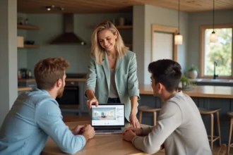 Femme confiante présentant un tour virtuel à un couple dans un salon lumineux