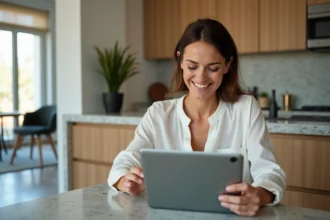 Femme souriante utilisant une tablette pour une visite virtuelle dans une cuisine moderne