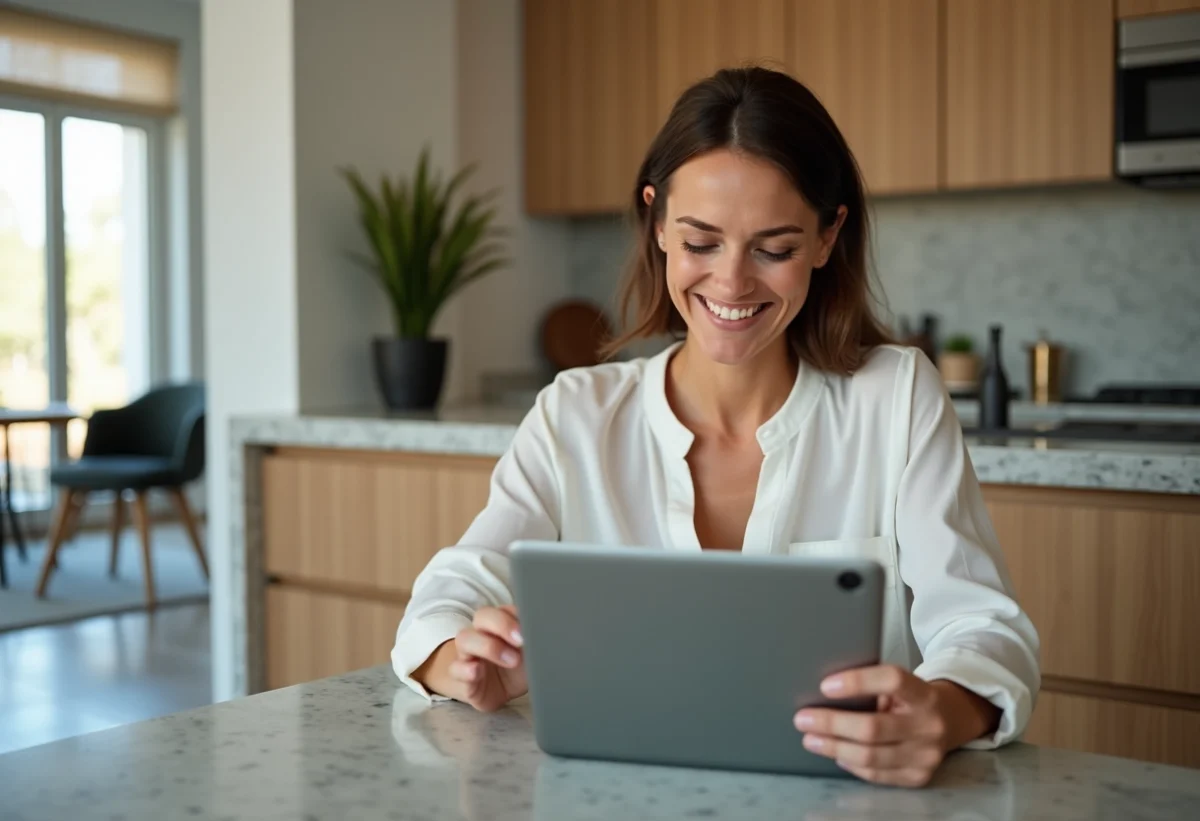 Femme souriante utilisant une tablette pour une visite virtuelle dans une cuisine moderne