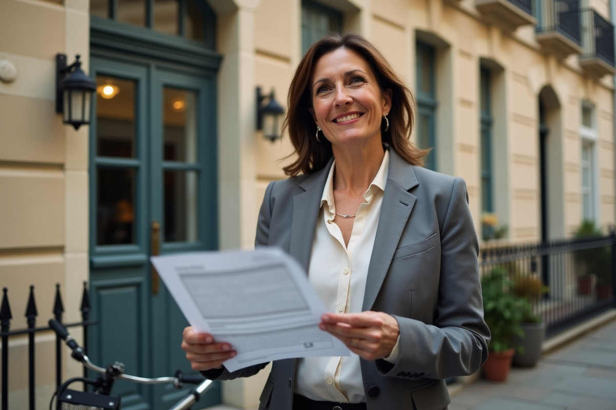Femme souriante devant une maison française ancienne