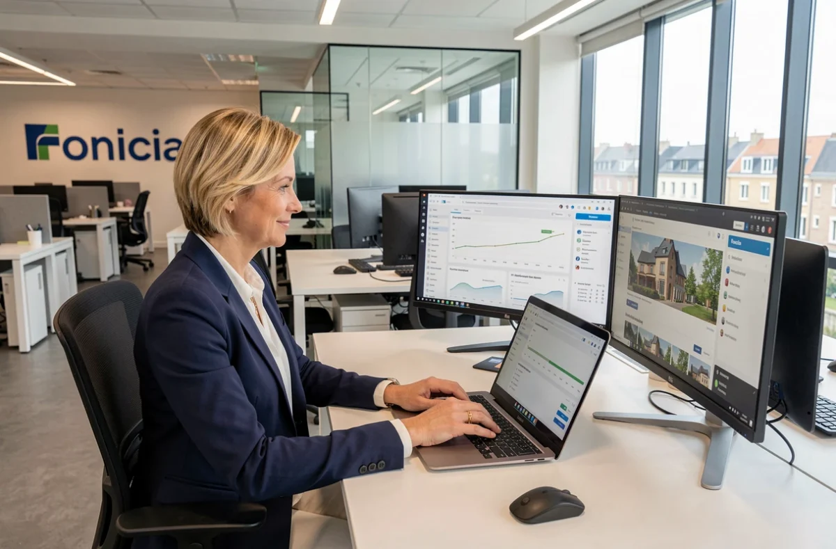 Professionnelle de Foncia Rennes travaillant sur des outils numériques de gestion de copropriété dans un grand espace de bureau moderne