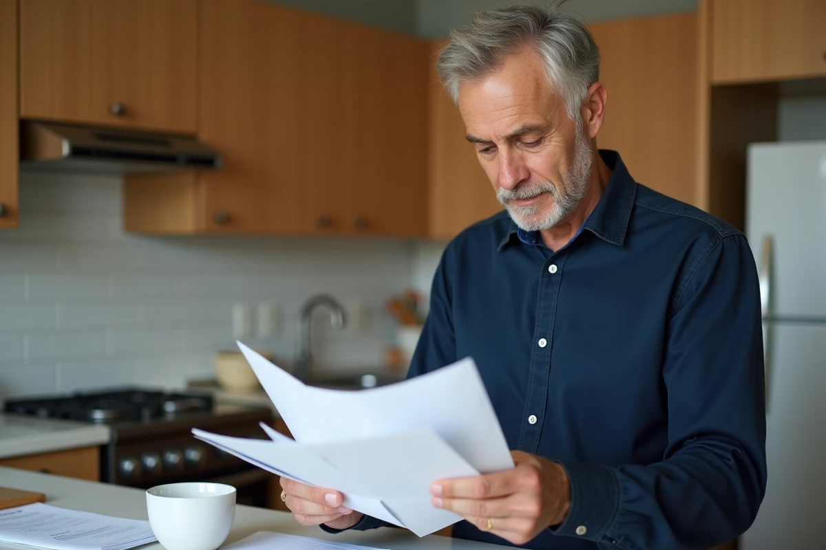 Homme triant son courrier papier de gestion immobilière dans une cuisine moderne