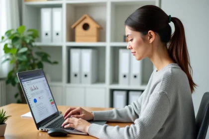 Femme gérant son espace client MyFoncia sur un ordinateur portable dans un bureau à domicile organisé