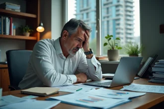 Gestionnaire immobilier stressé devant des documents financiers révélant des erreurs de rentabilité sur un immeuble de rapport