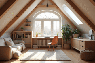 Bureau moderne dans un grenier lumineux avec poutres en bois