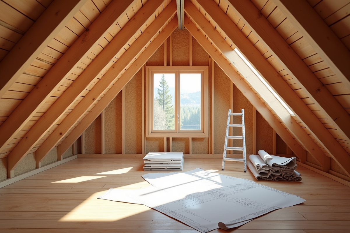 Espace de grenier en rénovation avec matériaux et plan