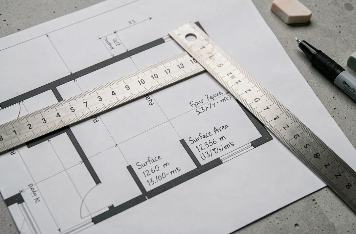 Gros plan sur un plan immobilier annoté avec des mesures en m2 et une règle de géomètre posée dessus
