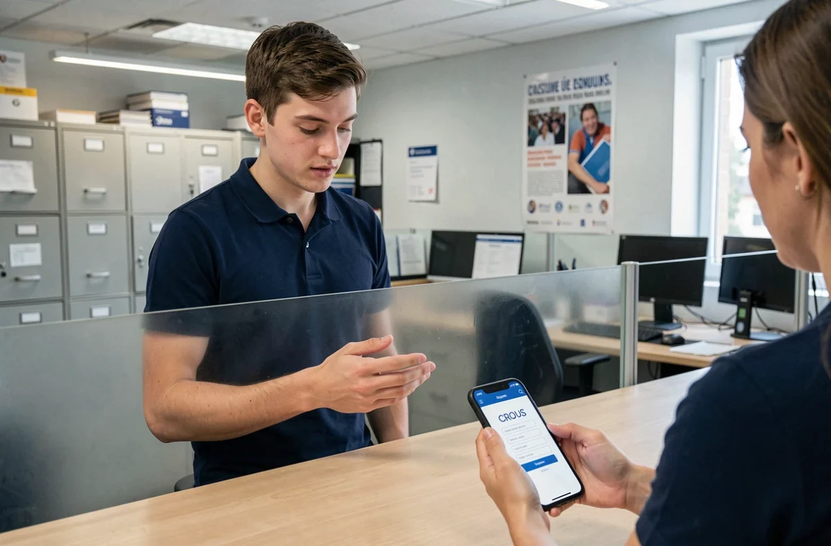 Jeune homme consultant son téléphone au guichet administratif d'une université française