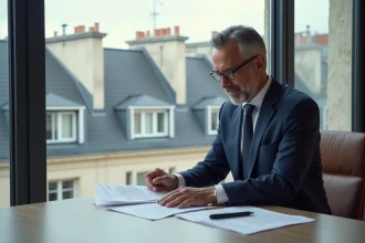 Homme d'affaires en costume bleu examinant des documents immobiliers à Paris
