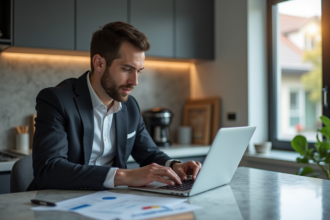 Homme d'affaires concentré sur son ordinateur portable