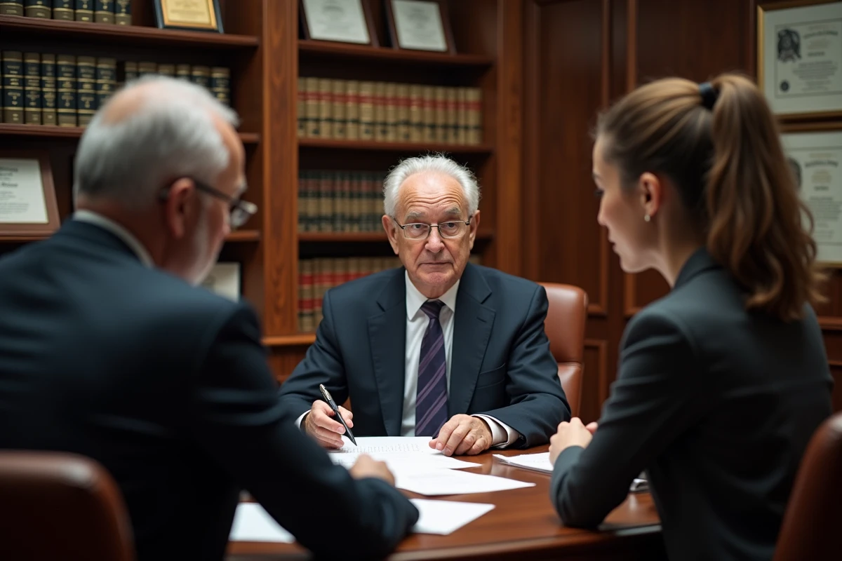 Homme âgé en costume discutant avec deux jeunes adultes