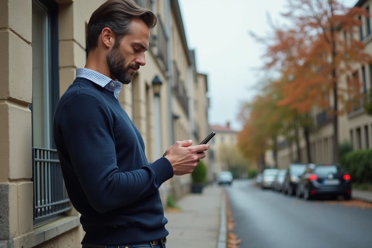 Homme consultant l'application Jestimo sur smartphone devant un immeuble résidentiel pour estimer la valeur d'un bien immobilier